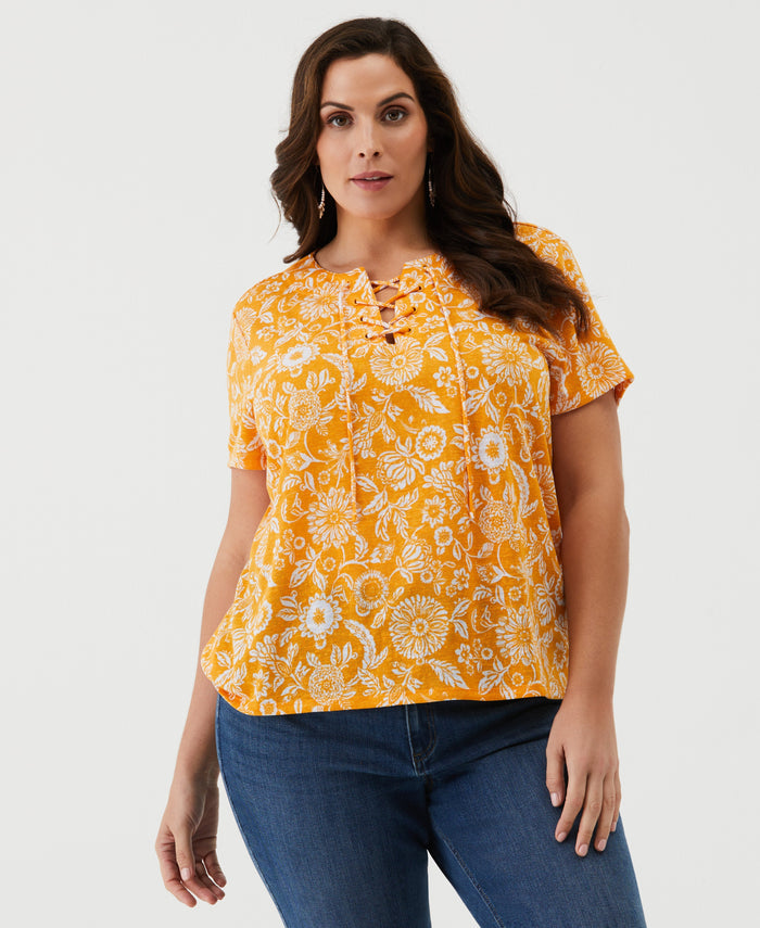 Plus Size Paisley Print Lace-Up Tee (Cadmium Yellow)