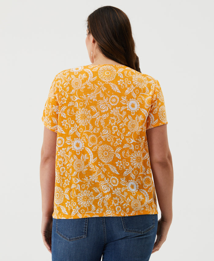 Plus Size Paisley Print Lace-Up Tee (Cadmium Yellow)