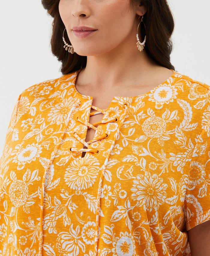 Plus Size Paisley Print Lace-Up Tee (Cadmium Yellow)