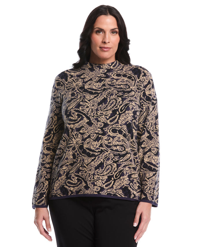 Plus Size Paisley Print Mock Neck Sweater (Peacoat)