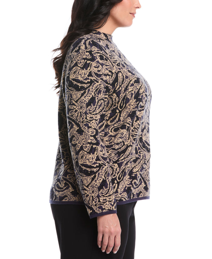 Plus Size Paisley Print Mock Neck Sweater (Peacoat)