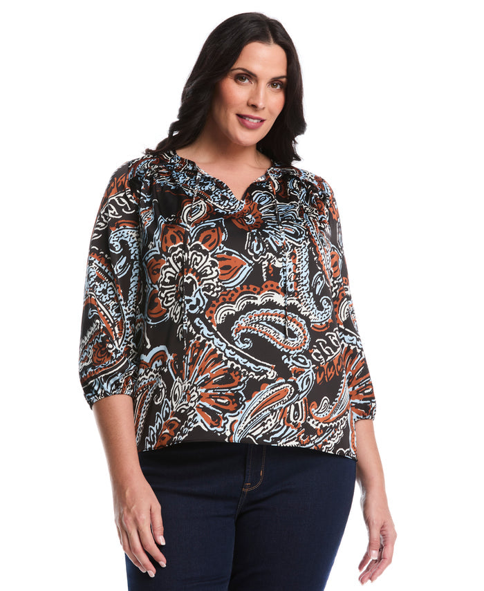 Plus Size Paisley Print Ruffle Puff Sleeve Top (Black)