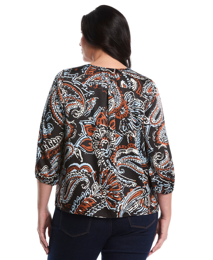 Plus Size Paisley Print Ruffle Puff Sleeve Top (Black)