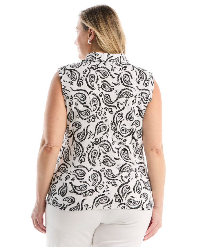 Plus Size Paisley Print Ruffle Trim Polo (White)
