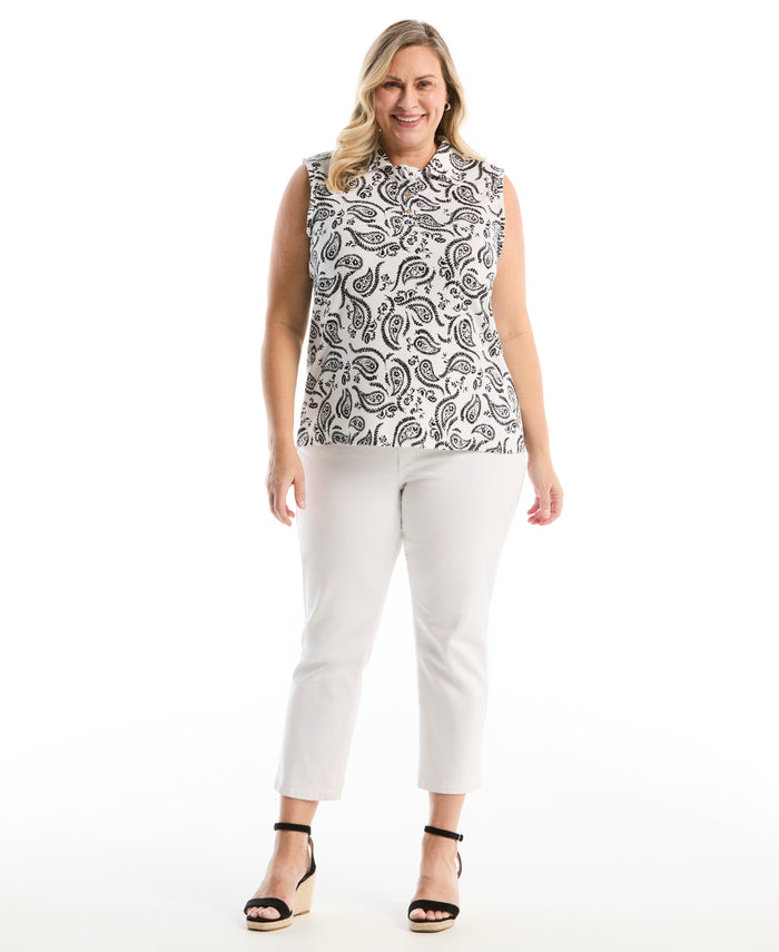 Plus Size Paisley Print Ruffle Trim Polo (White)