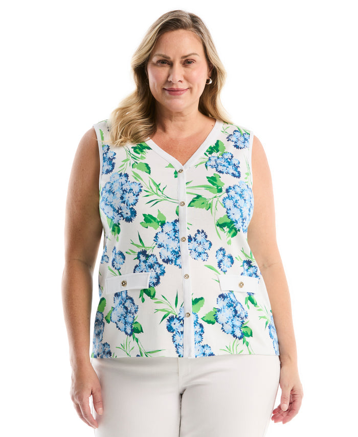 Plus Size Pom Floral Print Button Front Tank Top (White)