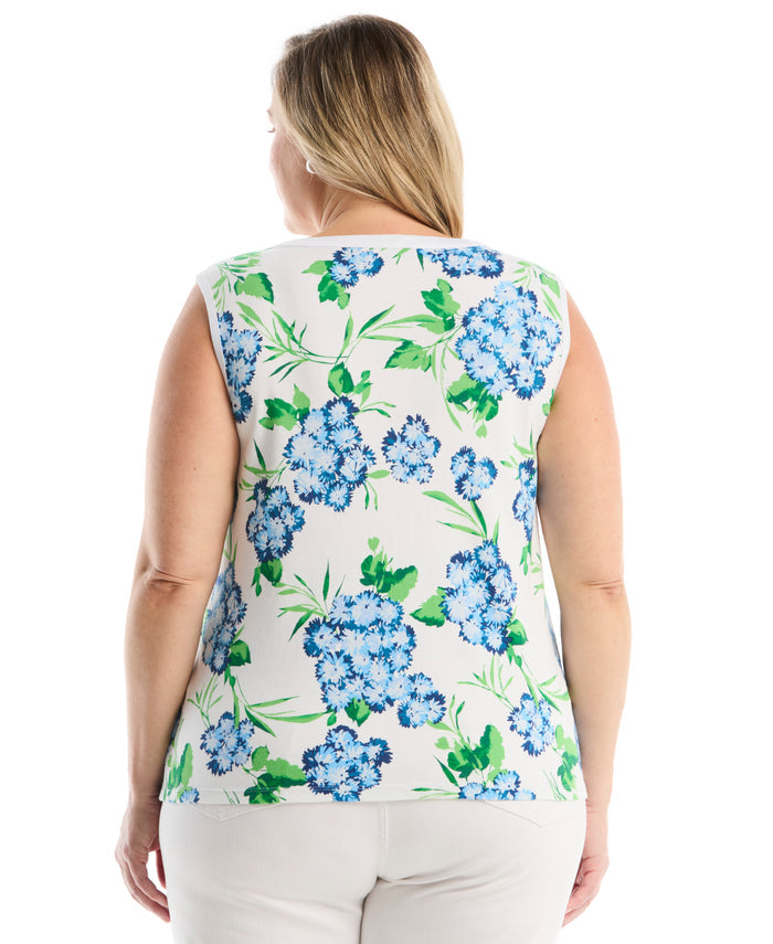 Plus Size Pom Floral Print Button Front Tank Top (White)