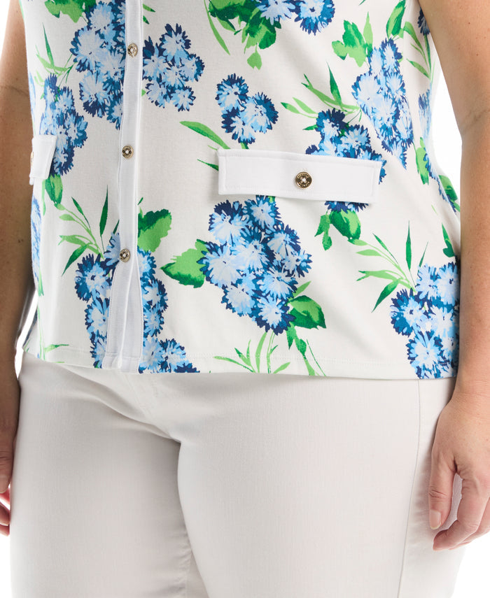 Plus Size Pom Floral Print Button Front Tank Top (White)