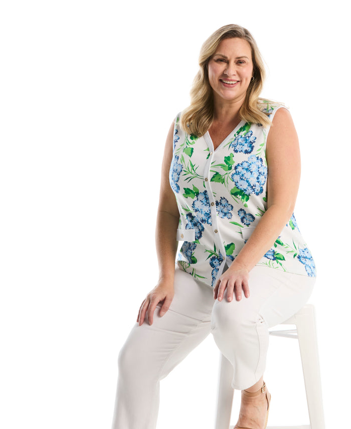Plus Size Pom Floral Print Button Front Tank Top (White)