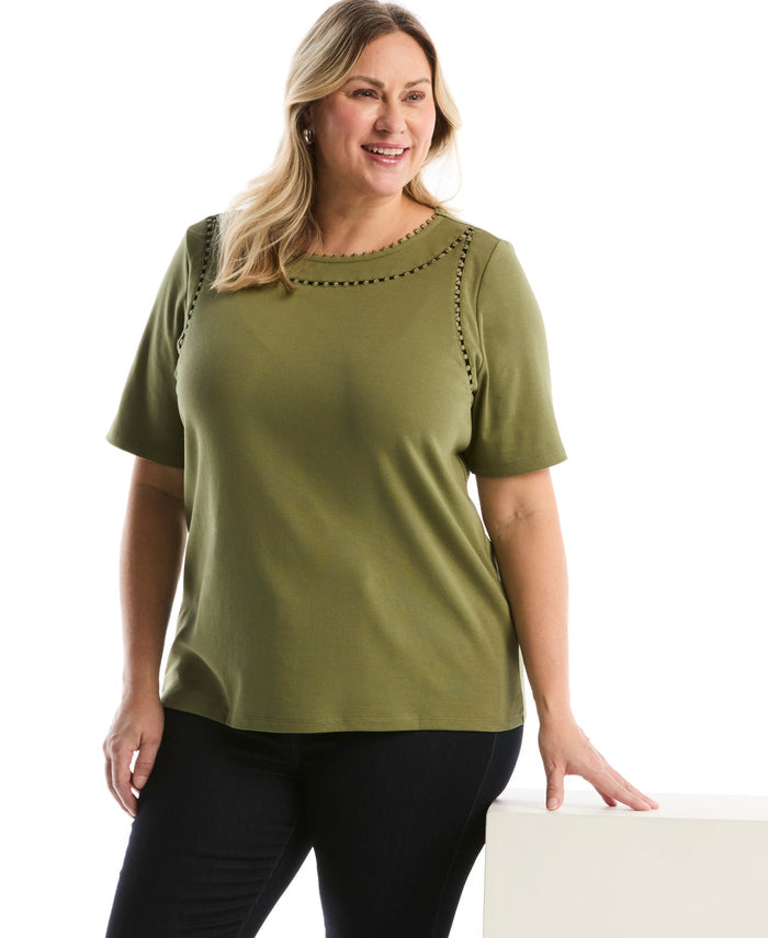 Plus Size Pom Trim Detail Top (Loden Green)
