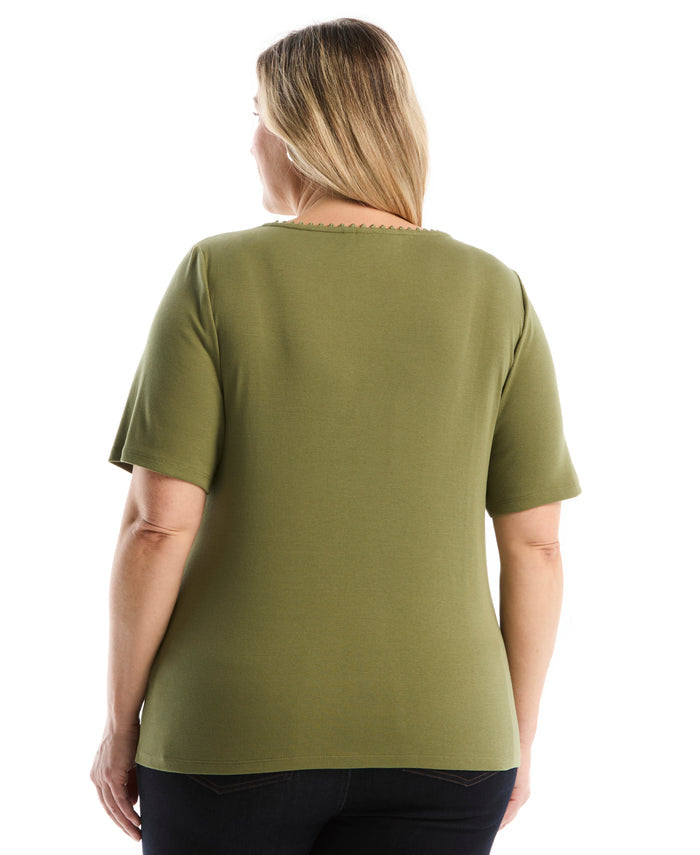Plus Size Pom Trim Detail Top (Loden Green)