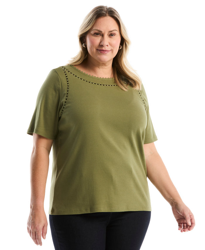 Plus Size Pom Trim Detail Top (Loden Green)