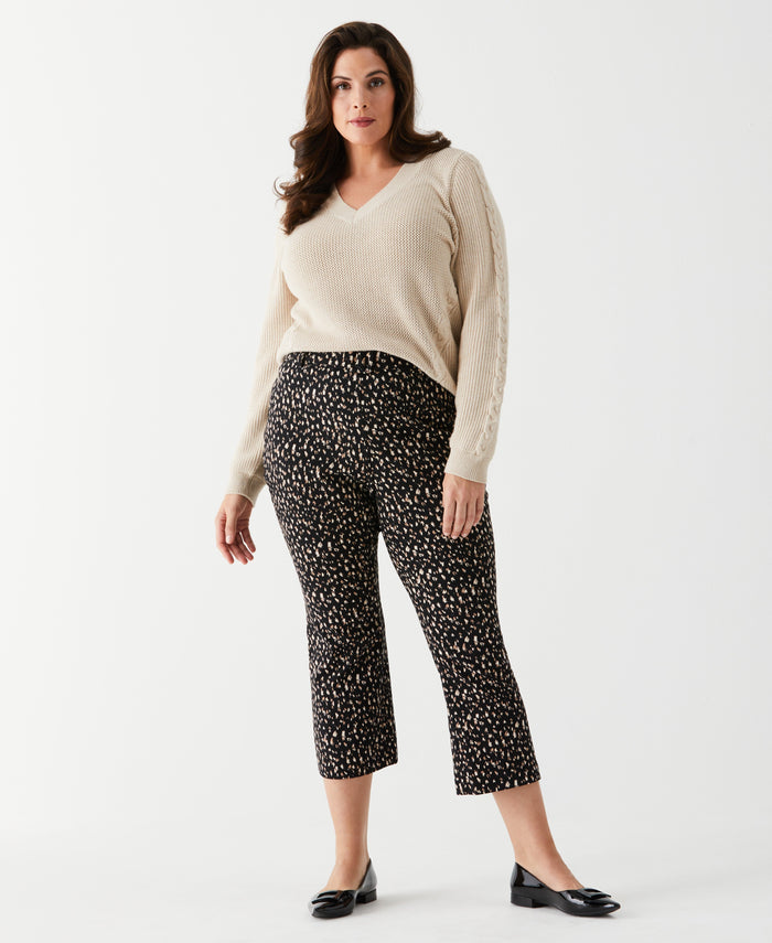 Plus Size Printed Crop Boot Cut Pant with Belt (Black)