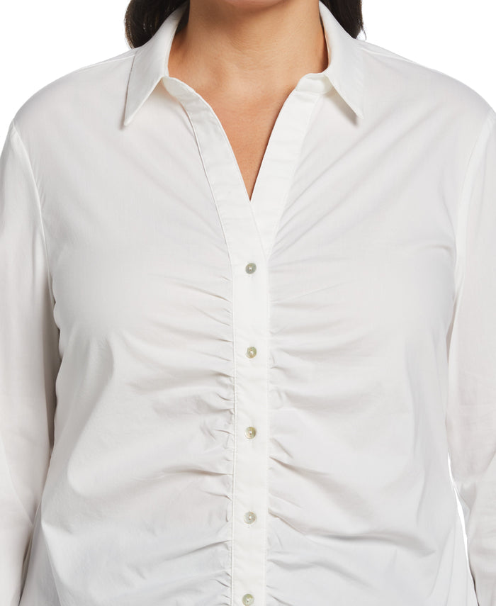 Plus Size Ruched Front Poplin Shirt (White)