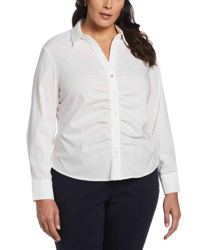 Plus Size Ruched Front Poplin Shirt (White)