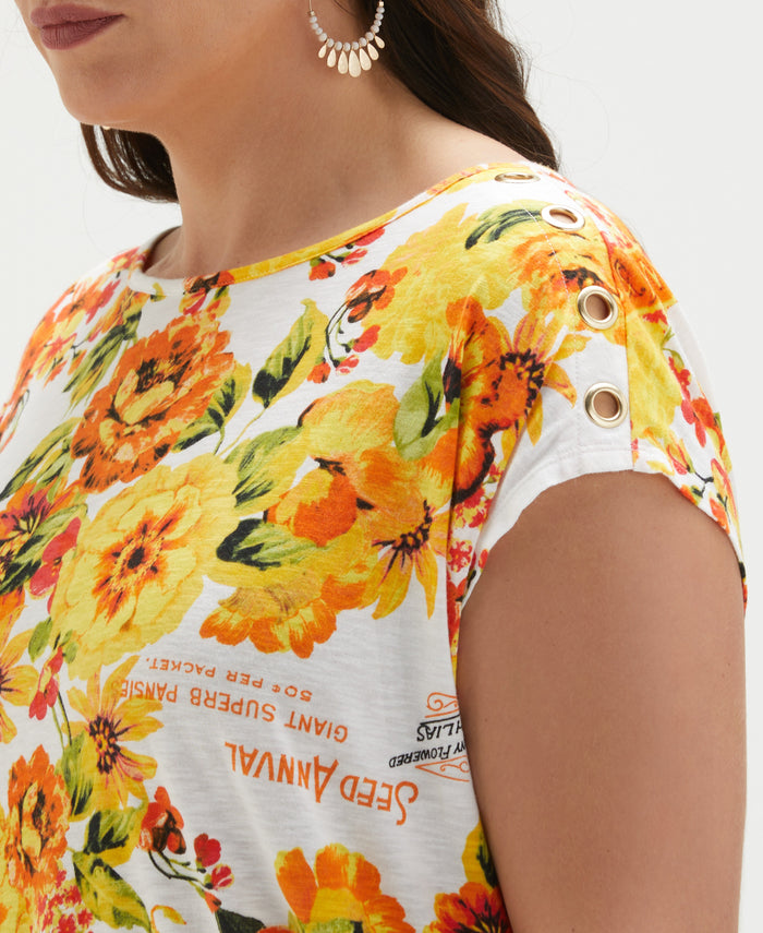 Plus Size Seed Packet Print Rivet Detail Tank Top (White)