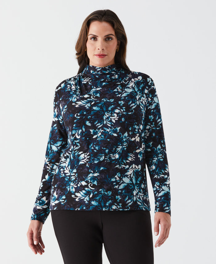 Plus Size Shadow Damask Print Ruched Mock Neck Top (Deep Teal)