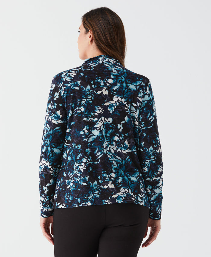 Plus Size Shadow Damask Print Ruched Mock Neck Top (Deep Teal)