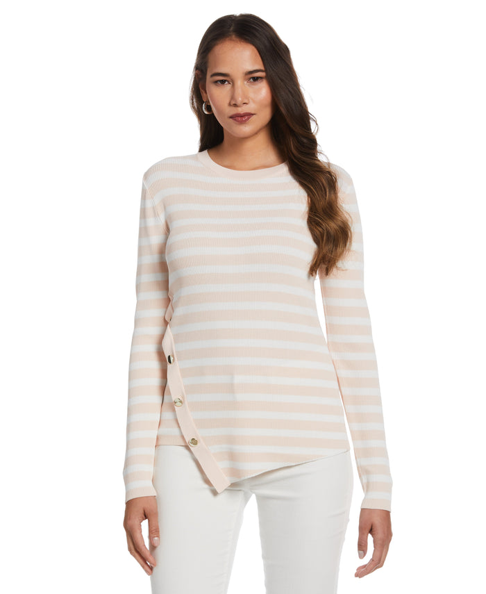 Snap Trim Stripe Asymmetrical Sweater (Cloud Pink)