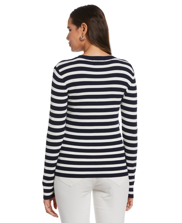 Snap Trim Stripe Asymmetrical Sweater (Peacoat)