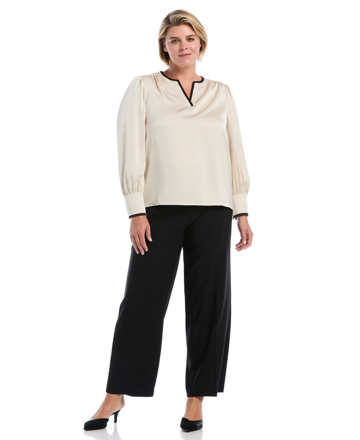 Plus Size Split Neck Contrast Trim Blouse (Oatmeal)