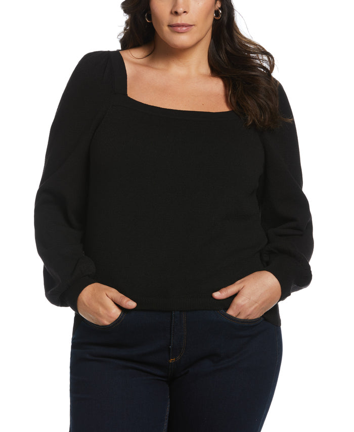 Square Neck Puff Sleeve Sweater (Black)
