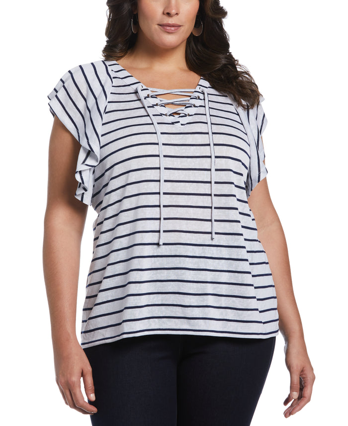 Stripe Lace-Up Flutter Sleeve Top (Mediterranean Blue)