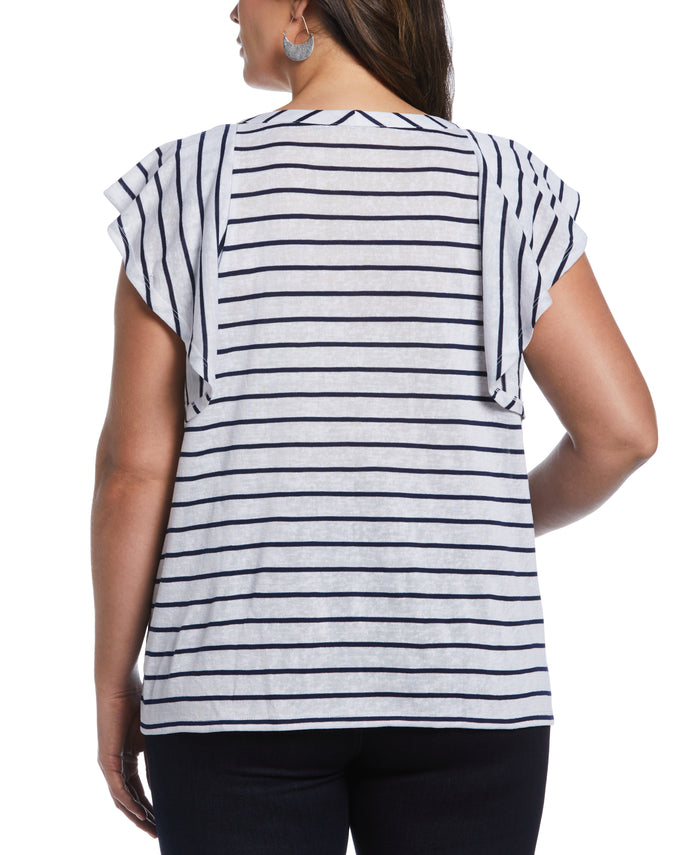 Stripe Lace-Up Flutter Sleeve Top (Mediterranean Blue)