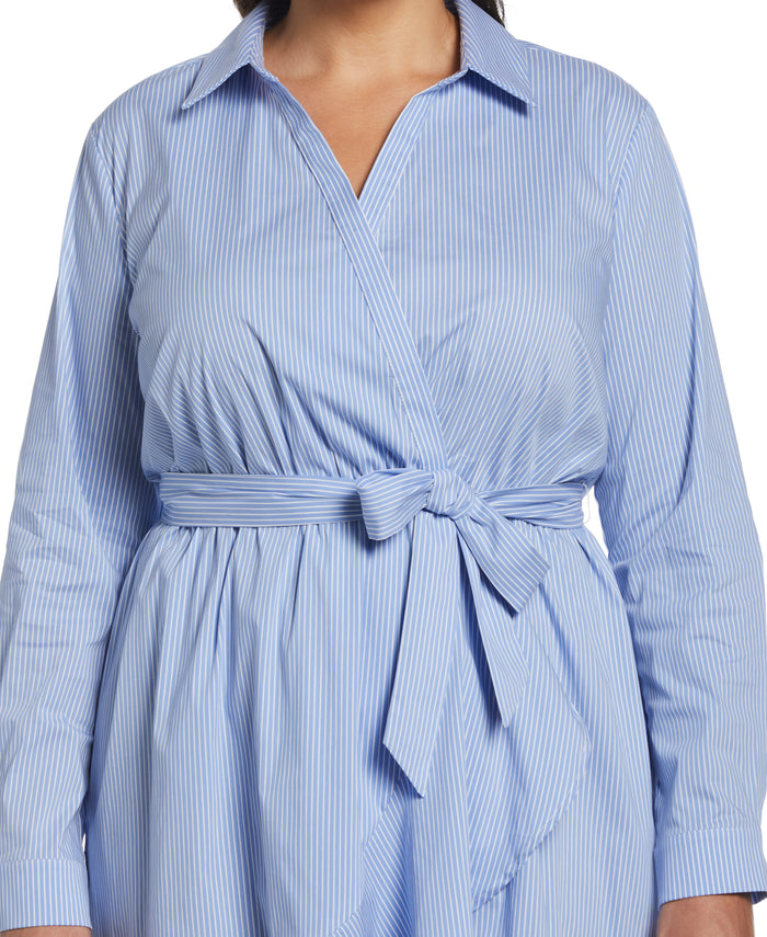 Stripe Poplin Ruffle Wrap Dress (Ultramarine)
