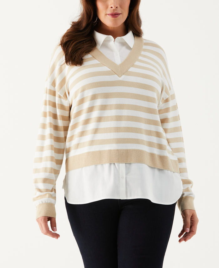Plus Size Striped Layered Sweater (Wheat Heather)