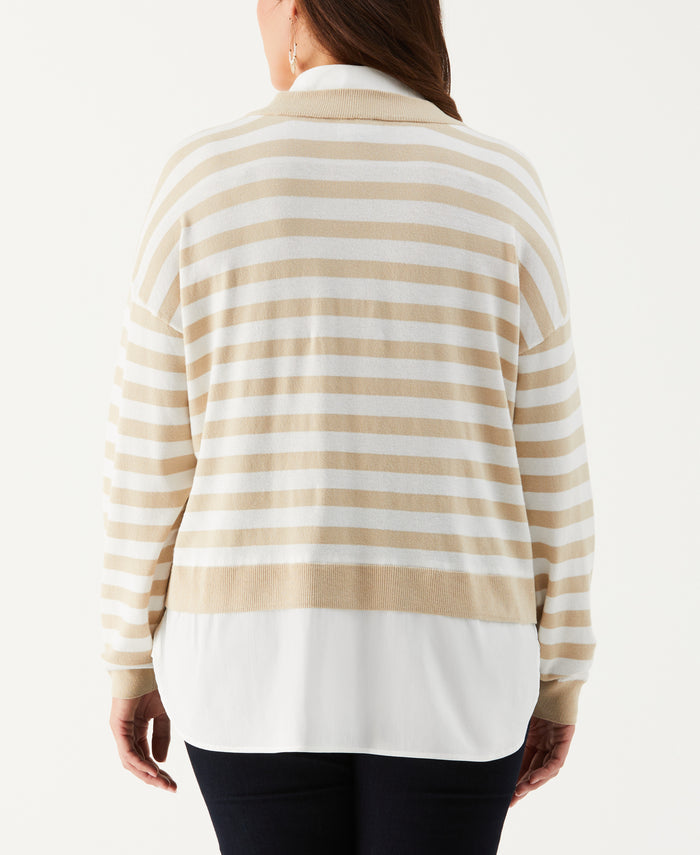 Plus Size Striped Layered Sweater (Wheat Heather)
