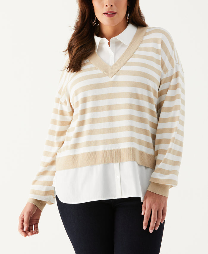 Plus Size Striped Layered Sweater (Wheat Heather)