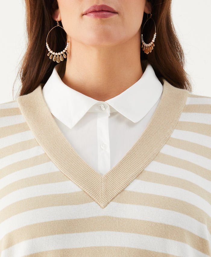 Plus Size Striped Layered Sweater (Wheat Heather)