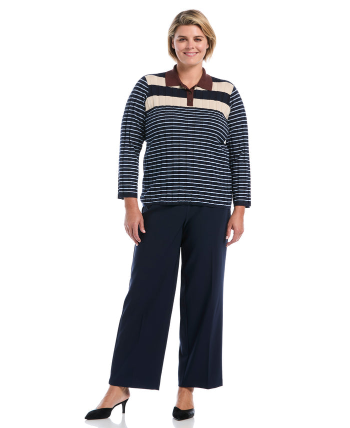Plus Size Striped Polo Sweater (Blue Blizzard)