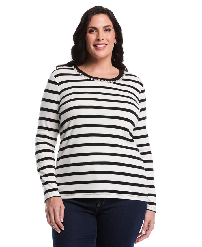Plus Size Striped Print Embellished Neck Top (Star White)