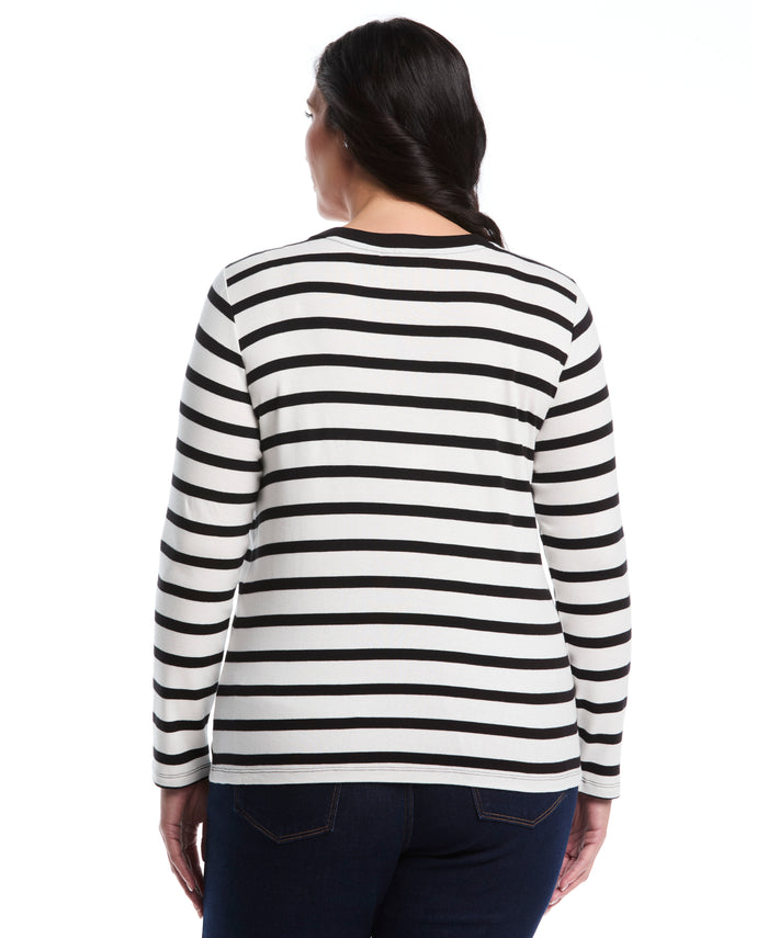 Plus Size Striped Print Embellished Neck Top (Star White)