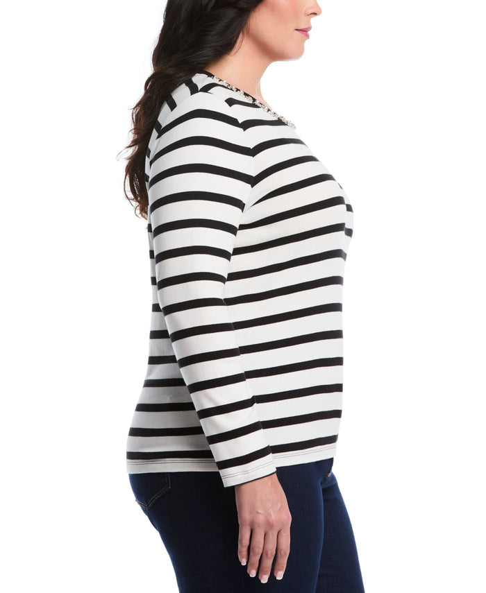 Plus Size Striped Print Embellished Neck Top (Star White)