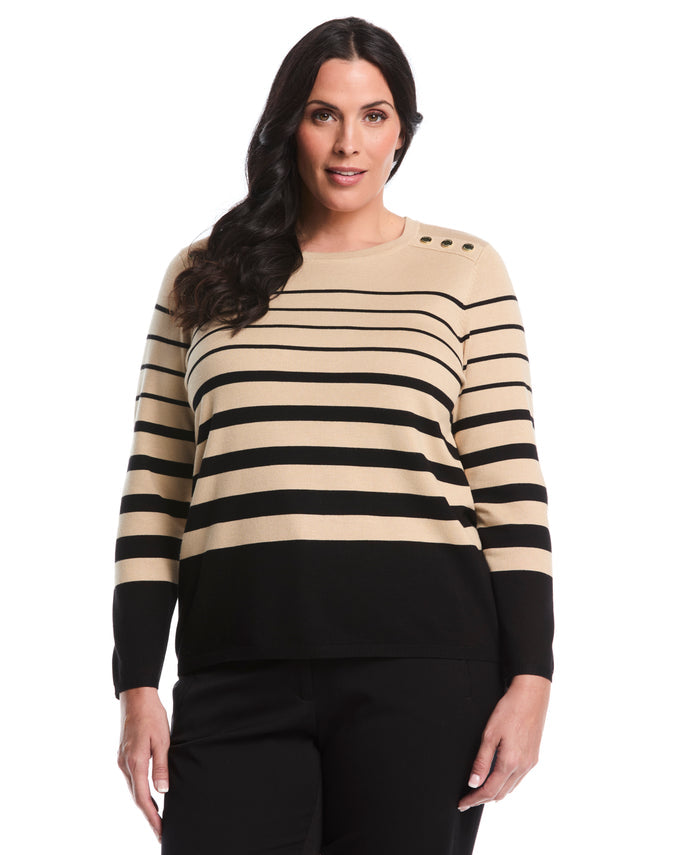 Plus Size Striped Print Rivet Detail Sweater (Irish Cream)