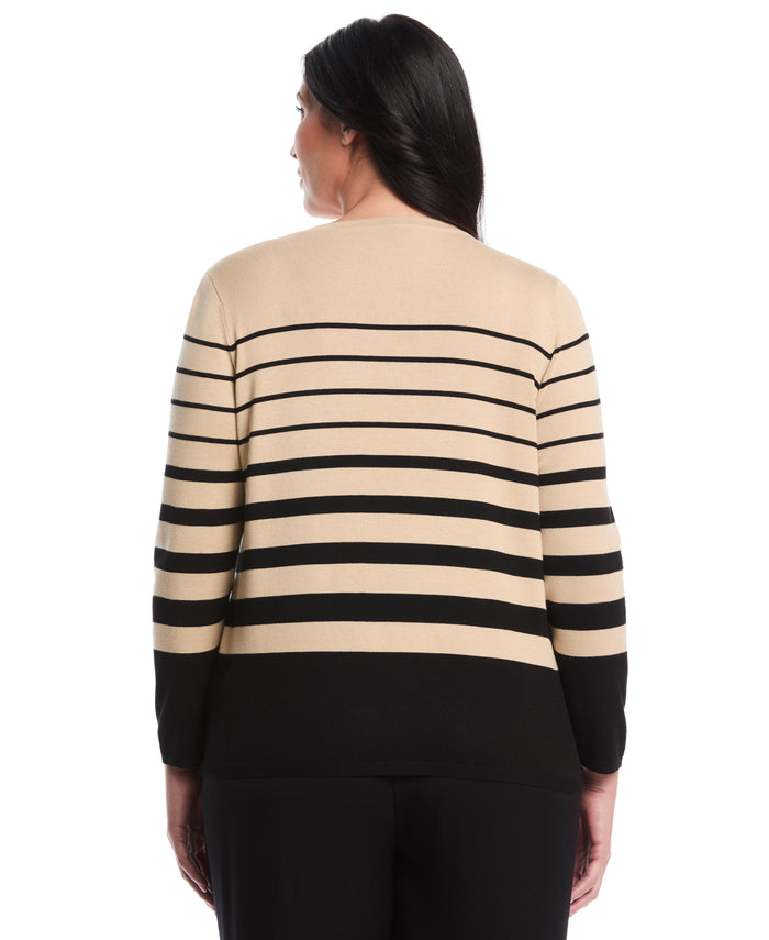 Plus Size Striped Print Rivet Detail Sweater (Irish Cream)
