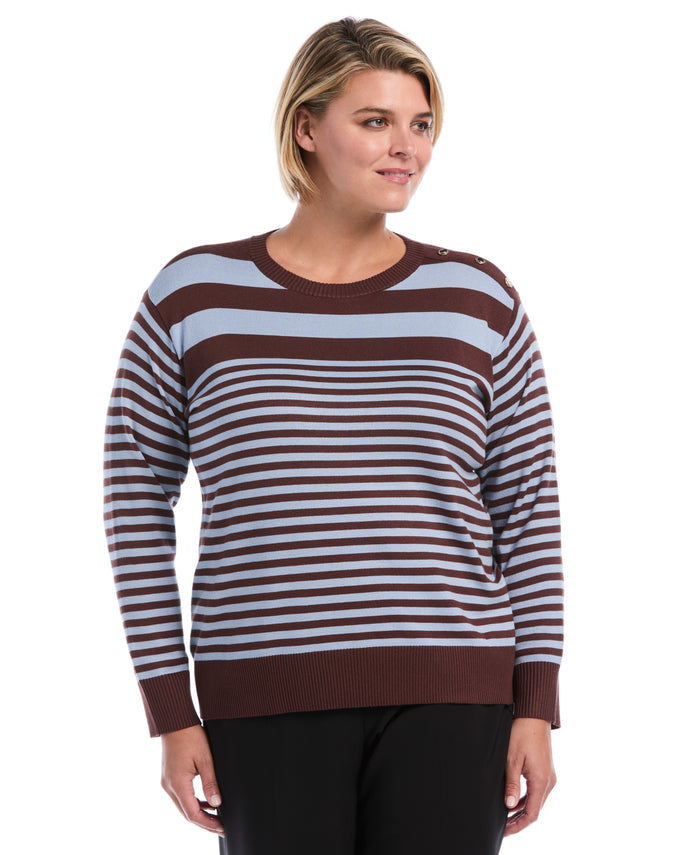 Plus Size Striped Rib Trim Crewneck Sweater (Blue Blizzard)