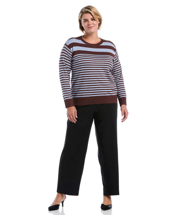 Plus Size Striped Rib Trim Crewneck Sweater (Blue Blizzard)