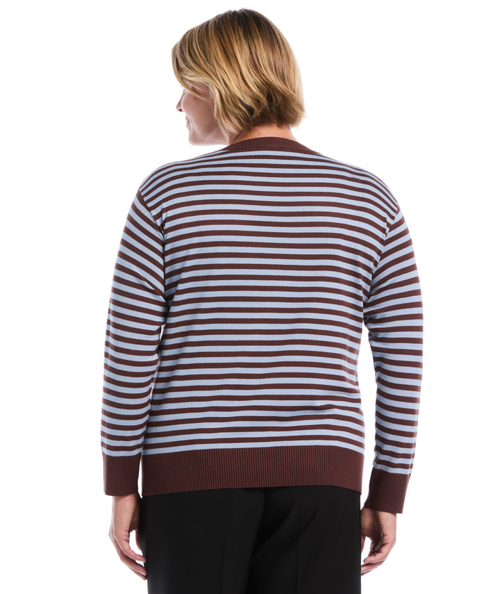 Plus Size Striped Rib Trim Crewneck Sweater (Blue Blizzard)