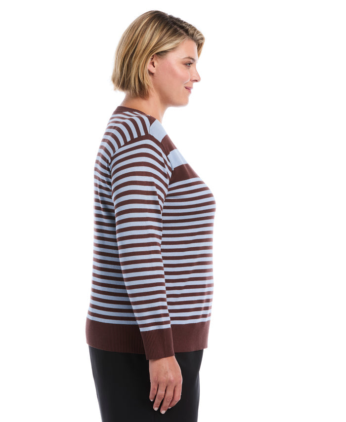 Plus Size Striped Rib Trim Crewneck Sweater (Blue Blizzard)