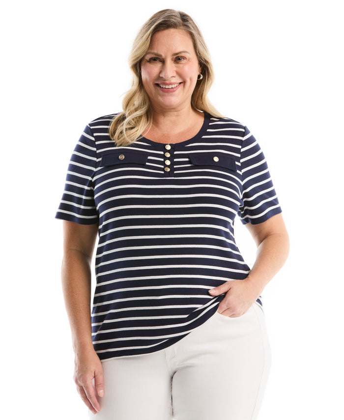 Plus Size Striped Welt Pocket Button Detail Top (Peacoat)