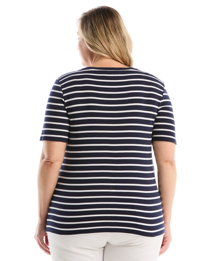Plus Size Striped Welt Pocket Button Detail Top (Peacoat)