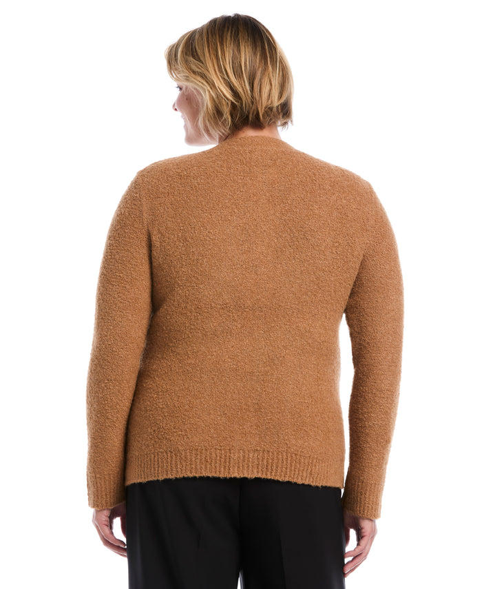 Plus Size Teddy Boucle Patch Pocket Cardigan (Tobacco Brown)