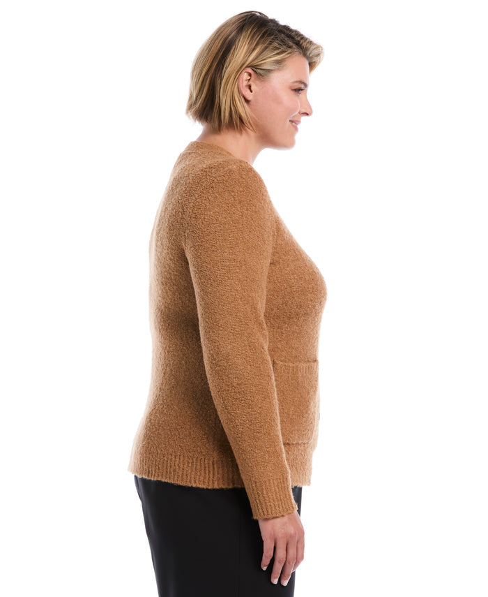 Plus Size Teddy Boucle Patch Pocket Cardigan (Tobacco Brown)