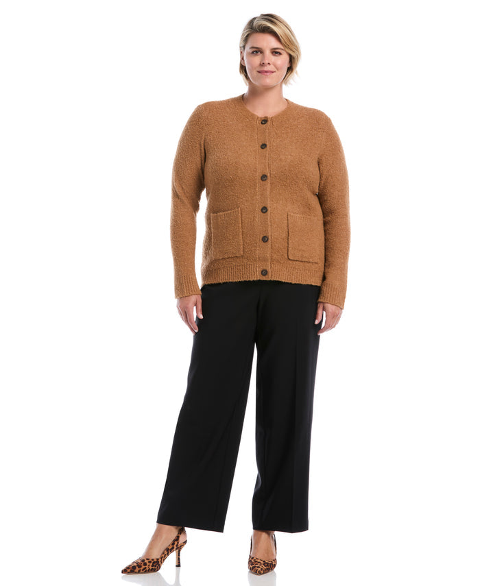 Plus Size Teddy Boucle Patch Pocket Cardigan (Tobacco Brown)