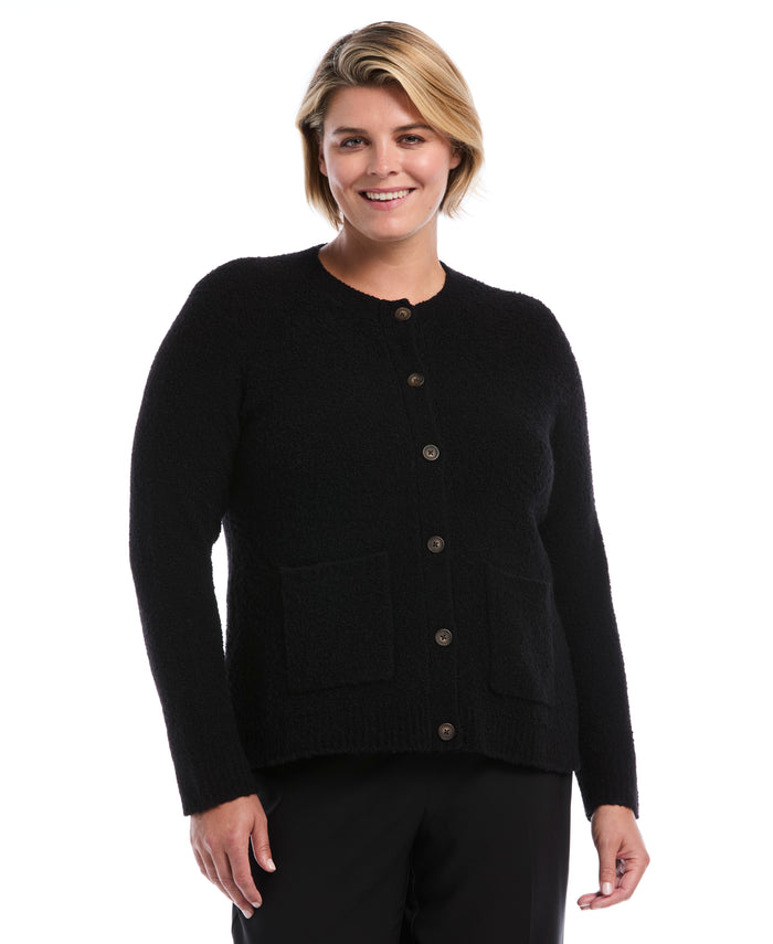 Plus Size Teddy Boucle Patch Pocket Cardigan (Black)