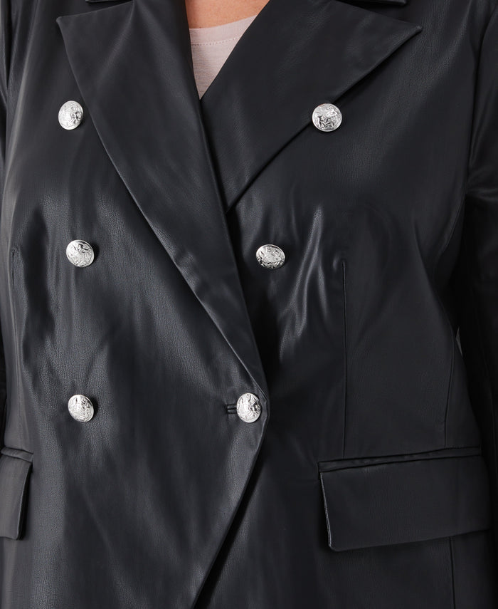 Plus Size Vegan Leather Double Breasted Blazer (Black)